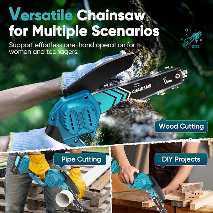 Mini Chain saw, 6-Inch Chain Saw, 2 Pack 2000mAh Batteries, 【Seniors Friendly】Portable Handheld Chainsaw, Mini Chainsaw Cordless for Wood Cutting Tree Trimming DIY Projects Gardening Camping