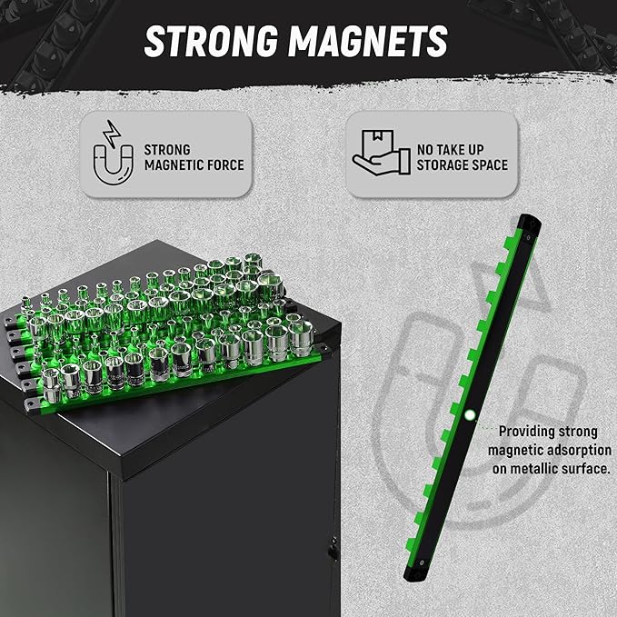 ALOANES Magnetic Socket Organizer Set, 6-Piece Heavy Duty Aluminum Socket Holder Socket Rail Organizer for Tool Box, 360° Swivel Clips Socket Rack 1/4, 3/8, 1/2-Inch x 80 Clips (Green)
