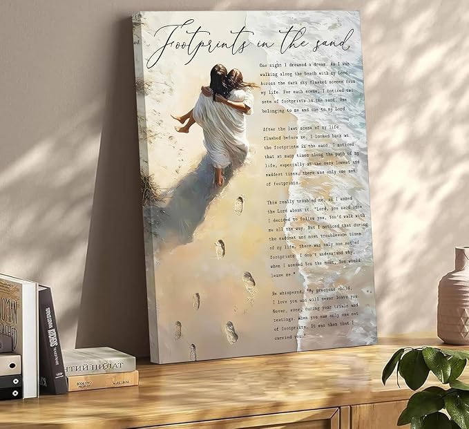 YOXORDQ Footprints in the Sand Poem Wall Art-Wrapping Canvas-16x24in | - Image 2