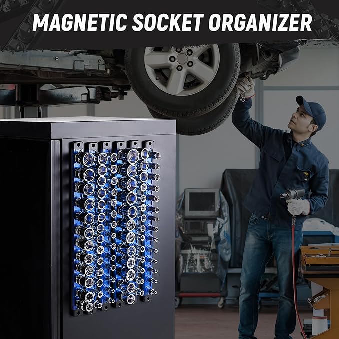ALOANES Magnetic Socket Organizer Set, 3-Piece Heavy Duty Aluminum Socket Holder Socket Rail Organizer for Tool Box, 360° Swivel Clips Socket Rack 1/4, 3/8, 1/2-Inch x 40 Clips (Blue)