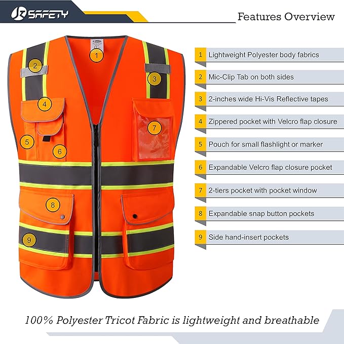 JKSafety 9 Pockets High Visibility Zipper Front Safety Vest | Orange with Dual Tone High Reflective Strips | Meets ANSI/ISEA Standards (901-Orange, XX-Large)