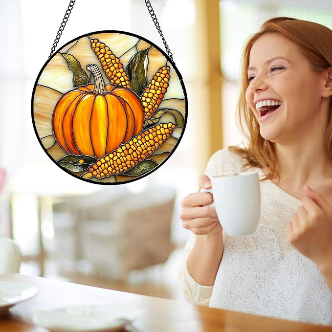 DASTOLL Stained Glass Window Hanging Autumn Harvest Pumpkin Corn Large 11.8" - Image 4