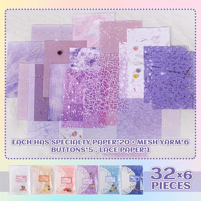 156Sheets Textured Scrapbook Paper & Mesh Fabric Assorted Set+30 Buttons - Image 9