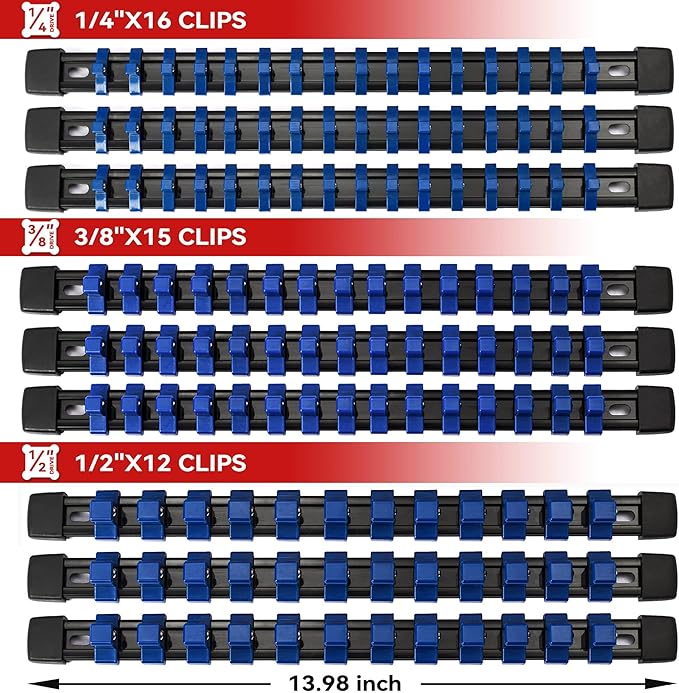 ALOANES 9 PC ABS Socket Organizer, 1/2 inch, 3/8 inch and 1/4 inch Drive Socket Rail Holders, Heavy Duty Socket Racks, Black Rails with Blue Clips