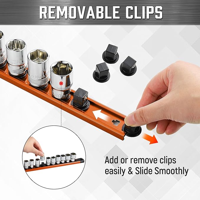 ALOANES 3/8-Inch Drive Magnetic Socket Organizer, Heavy Duty Aluminum Socket Rail Organizer, 360° Swivel Clips Socket Holder Kit for Tool Box, 3/8-Inch Socket Holder x 14 Clips (Orange)
