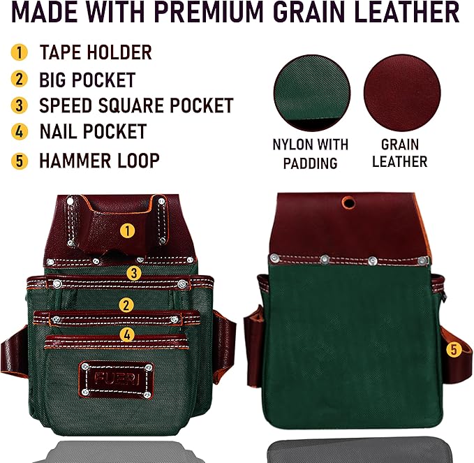 FUERI Nylon Leather Tool Belt Supender for Men Heavy Duty 26 Pocket Tools Bags Pouches Holder Organizer for Carpenter Construction (Maroon & Green Tool Belt Suspender, Medium 30" - 36")
