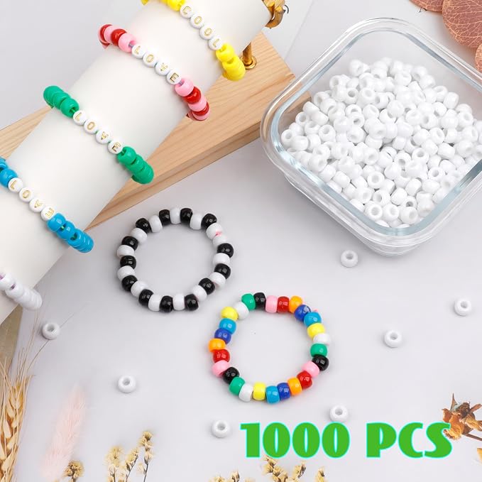 1000Pcs Pony Beads Bracelet 9mm White Plastic Barrel Pony Beads - Image 3