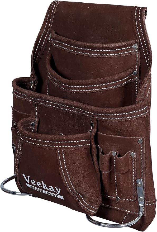 VEEKAY 10 Pockets Men Suede Leather Tool Pouch Beige and Brown Color Bags Fastener Carpenter's Nail & Tool Bag Heavy Duty Steel Hammer Loop, Belt Loop for Electrician Technician Installers