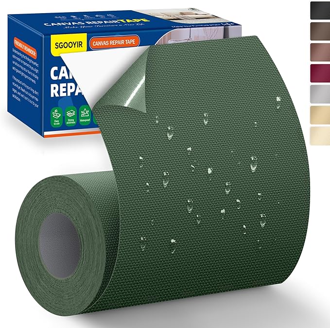 Self-Adhesive Canvas Repair Tape, 4" x 79" Waterproof Canvas Repair Patch, Fabric Patch Repairs Kit for Furniture, Tents, Sunbrellas, Boat Covers Awnings, Couches, Clothes, Bags Army Green