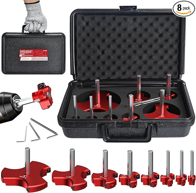 8Pcs Plastic Pipe Reamer Kit - Qoobly PVC Fitting Saver Compatible with 1/2" Drills - Pipe Reamer Tool for SCH40 Includes 1/2'' 3/4'' 1'' 1-1/4'' 1-1/2'' 2'' 3'' 4'' for PVC CPVC ABS Pipes Repairs