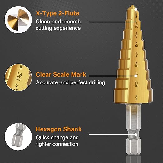 INTHEEND Step Drill Bit Set, 3 Pcs High Speed Steel Spiral Grooved Step Drill Bit for Metal Sheet Aluminum Wood Hole Drilling, 1/4" Hex Shank Step Bit for Faster Drilling 28 Size Cone Step Drill Bits