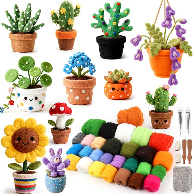 Needle Felting Kit for Beginners, 28 Colors Wool Roving DIY Succulent Plants by WESTBAY