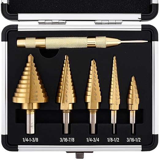 Step Drill Bit Set, 6Pcs HSS Titanium Step Bits with Automatic Center Punch, 50 Sizes Step Drill Bit for Metal, Wood with Aluminum Case