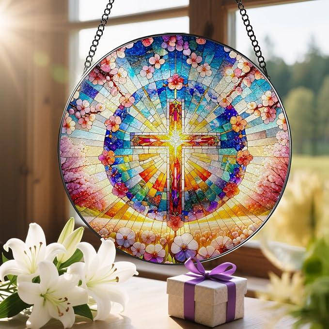 8 Inches Cross Stained Glass Suncatcher, Stained Glass Window Hanging, - Image 6