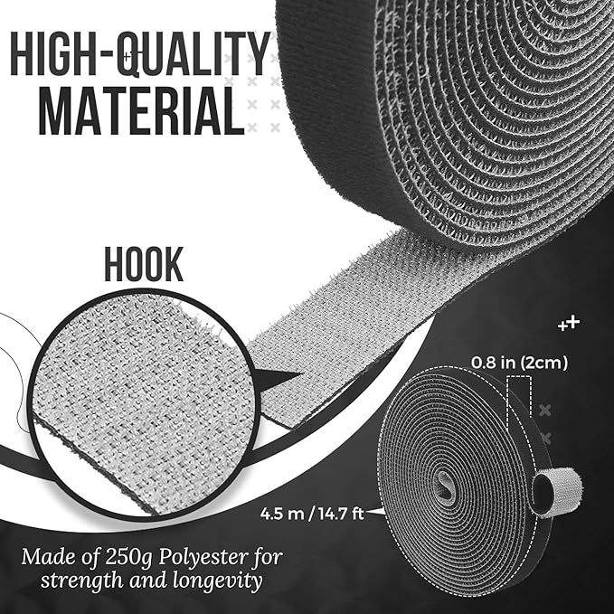 TNP Hook and Loop Tape Strap Cable Ties Fastener (Black) (15 Feet) - Sticky Self Adhesive Nylon Fabric Roll Wrap 0.75" Wide 5 Yards Reusable for Cutting Custom Length Cord Wire Fastening