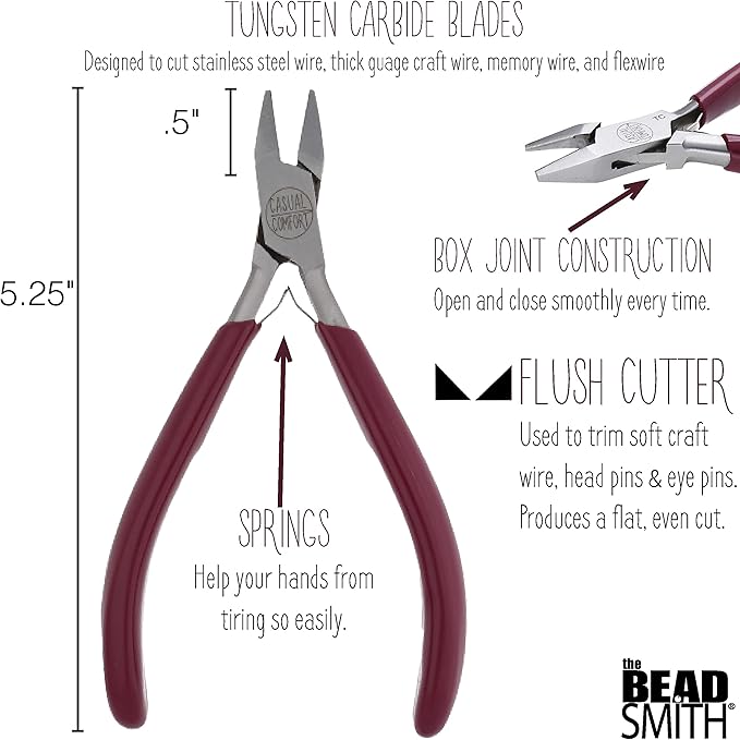 The Beadsmith Flush Cutter - Casual Comfort Series - 5.25 inches (133mm) – Tungsten Carbide Blades, Comfort Grip Handle & Double-leaf Spring, European Design & Quality, Tool for Jewelry Making