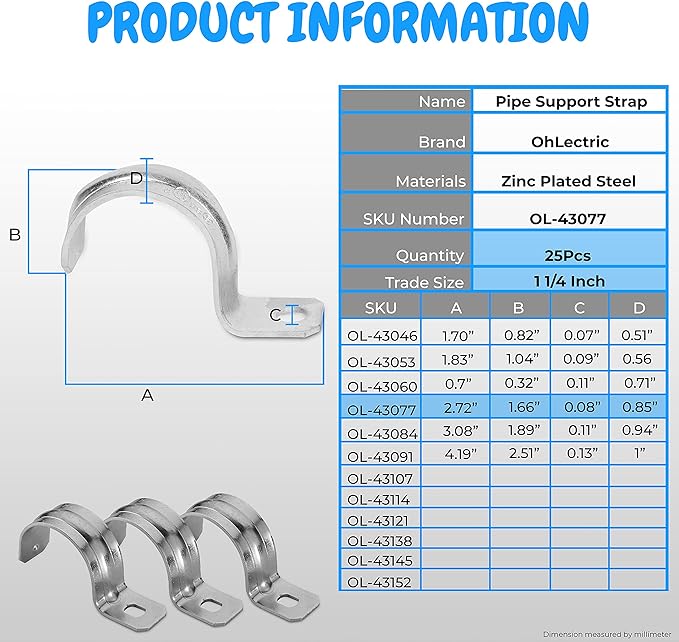OhLectric OL-43077 Heavy Duty Rigid Pipe Strap - Sturdy One Hole Steel Straps - Zinc Plated Steel - Reinforced Rib - Corrosion Resistant - Easy to Install - 1-1/4Inches (Pack of 25)