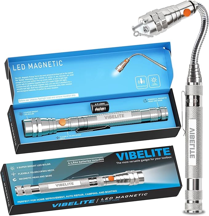 VIBELITE Extendable Magnetic Flashlight with Telescoping Magnet Pickup Tool-Cool Gadget Birthday for Men, Dad, Husband, Him, Father, Mechanic,Tech, Handyman, Boyfriend, Women, Silve