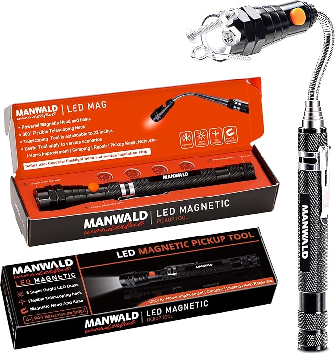 LED Magnetic Pickup Tools, Fathers Day Dad Gifts from Daughter Wife Son, Telescoping Magnetic Flashlights with Extendable Magnet Stick, Birthday Gifts for Men, Him, Dad, Boyfriends, Black
