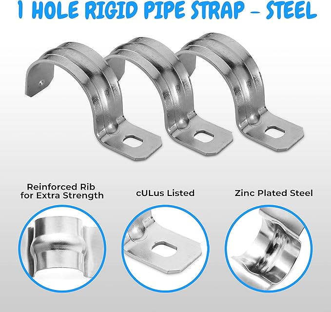 OhLectric OL-43077 Heavy Duty Rigid Pipe Strap - Sturdy One Hole Steel Straps - Zinc Plated Steel - Reinforced Rib - Corrosion Resistant - Easy to Install - 1-1/4Inches (Pack of 25)