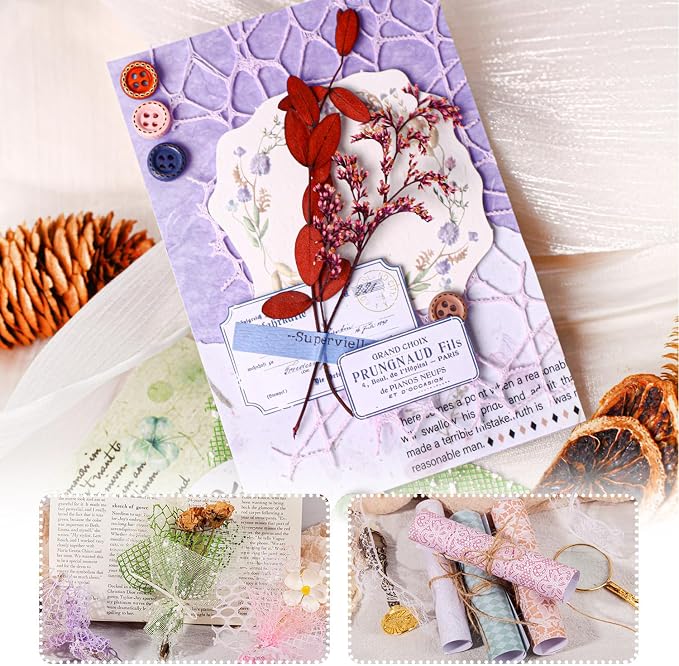 156Sheets Textured Scrapbook Paper & Mesh Fabric Assorted Set+30 Buttons - Image 7