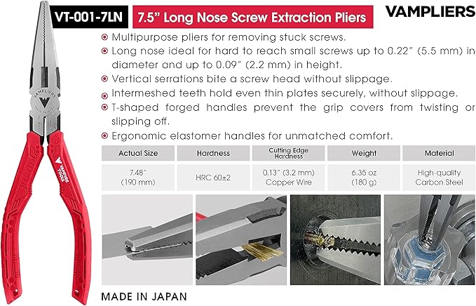 VAMPLIERS 4-Piece Stripped Screw Extractor Pliers Gift Set. Made in Japan. 8" Linesman, 7.5" Long Nose, 6.25" Multipurpose & 5" ESD Safe Pliers + Tool Pouch. Remove any Stripped/Damaged/Rusted Screws.