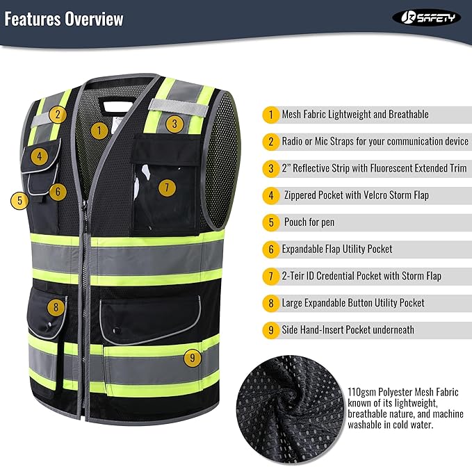JKSafety 11 Pockets Hi-Vis Black Mesh Safety Vest for Men Women High Visibility Reflective Construction with Zipper Work Utility PPE Work Gear ANSI/ISEA compliant (102-Black XL)