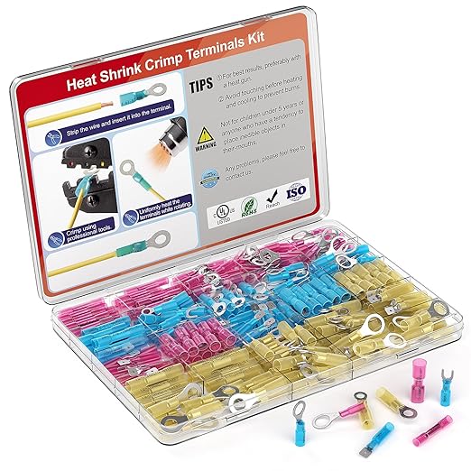 AIRIC 250 PCS Heat Shrink Wire Connectors Kit, 22-10 AWG Waterproof Crimp Terminals, Marine Electrical Connector, Insulated Cable Ends, Wiring Terminal End for 22-10 Gauge, Ring Fork Spade Butt Splice