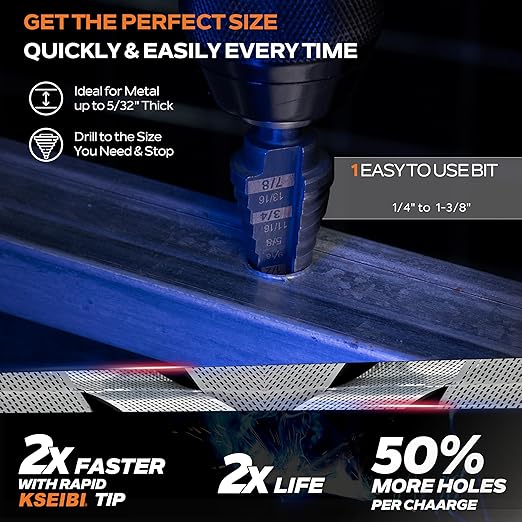 KSEIBI #2 HSS Step Drill Bit Set 3/16-1/2" with 3/8 Shank - Black Oxide Finish for Metal, Wood, Plastic Drilling - Durable, Precision Multi-Sized Bits with 3-Flat Shank 575040