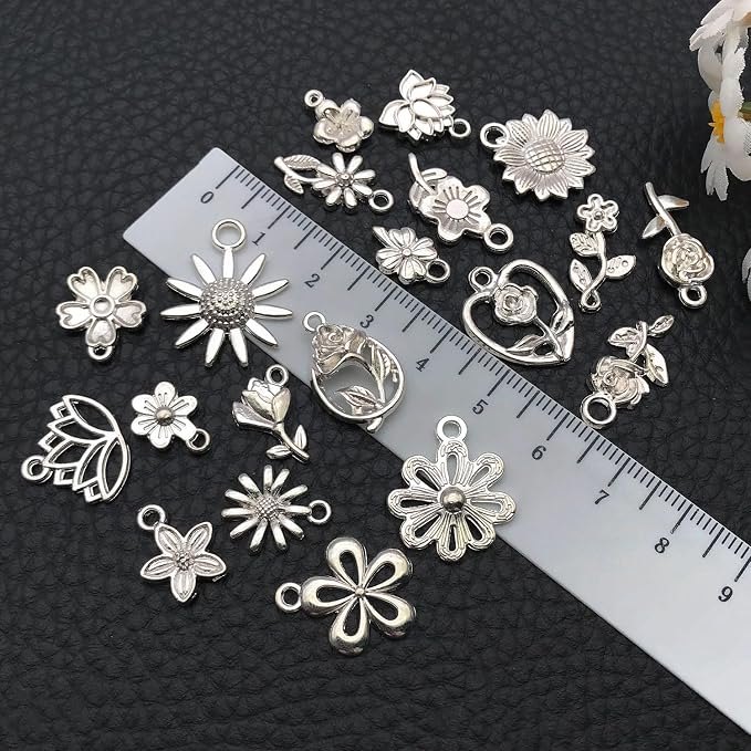 WOCRAFT 60pcs Bright Silver Flowers Bracelet Charms - Image 4