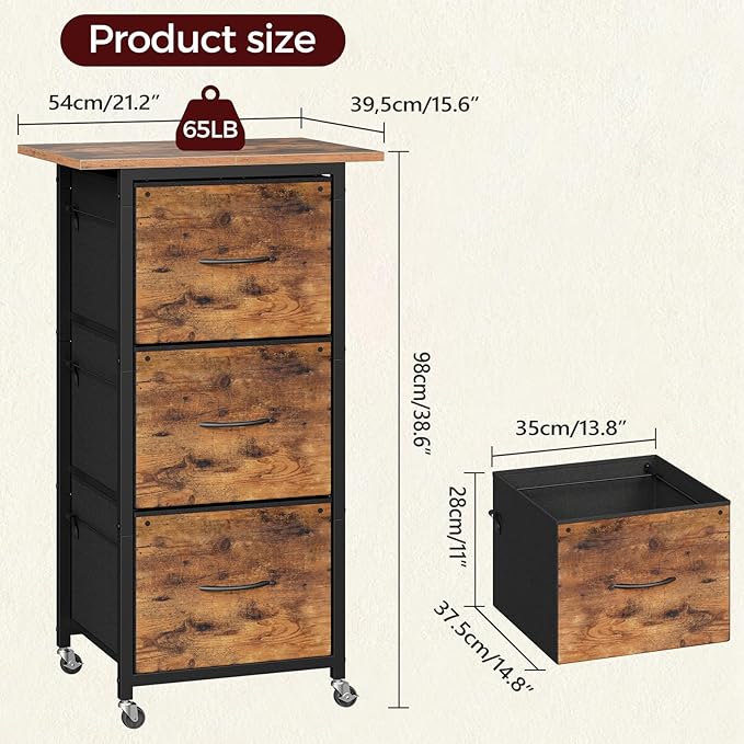 3 Drawer File Cabinet, Vertical Filing Cabinet with Wheels, Printer Stand with File Cabinet, Adjustable Hanging Rods, fits A4/Letter Size, for Home Office, Rustic Brown and Black FCHR5901