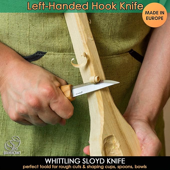 BeaverCraft S13L Wood Carving Tools Set for Spoon Carving 3 Knives in Tools Roll Leather Strop and Polishing Compound Hook Sloyd Detail Knife Left-Handed Spoon Carving Knives (S13L Left-Handed)
