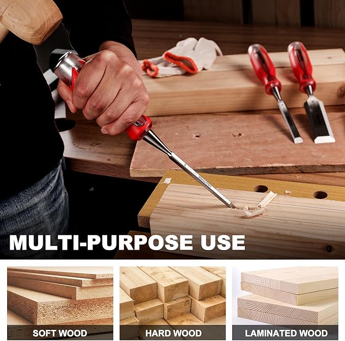 HAUTMEC 1/4" Wood Chisel – High-Impact Drop-Forged CRV Steel, Fully Polished Beveled Edge Blades, Heavy-Duty Strike Cap & Extended Anti-Skid Handle – HT0359