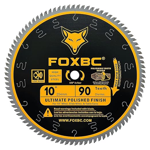 FOXBC 10 Inch Saw Blade 90-Teeth Ultimate Polished Finish Saw Blade for Wood, 5/8-Inch Arbor