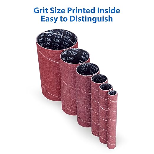 LotFancy Spindle Sanding Sleeves, 120 Grit, Pack of 24, Aluminum Oxide Abrasive, 4-1/2” Length, 4 Each of 1/2”,3/4”,1”,1-1/2”, 2” and 3”