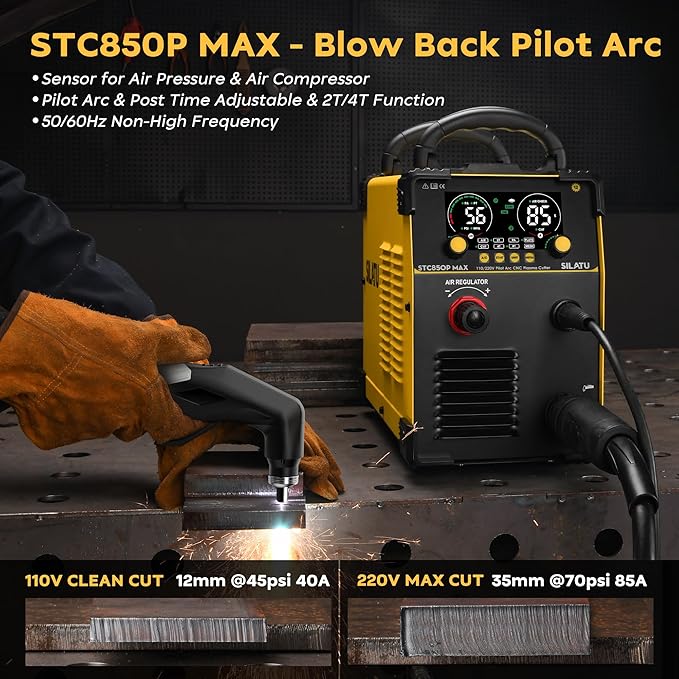 SILATU Plasma Cutter, 85Amps Blowback Pilot Arc Air Sensor Technology, Digital Display, 110V/220V Dual Voltage Non-HF CNC Plasma Cutter Machine, 1″ Clean Cut 7/5″ Max Cut, PT/2T/4T for Beginners DIY