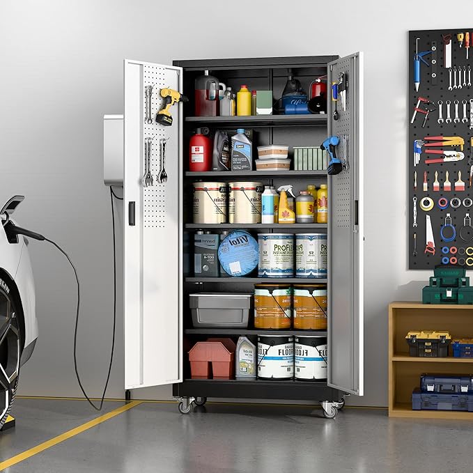 Aobabo Upgrade 71H''*34''W*18''D Metal Garage Storage Cabinet with Wheels and Pegboards, 5 Adjustable Shelves Steel Storage Cabinets for Home,Warehouse,Garage,Assembly Required,Black and Sliver