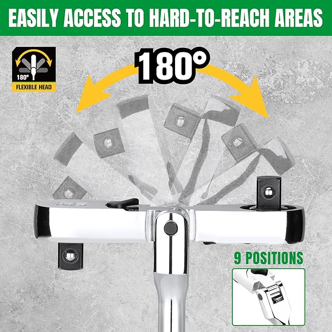SK 1/2" Drive Flex Head Ratchet Handle, 90-Tooth Ratchet, Premium CR-V Construction, Reversible Design, with Contoured Handle