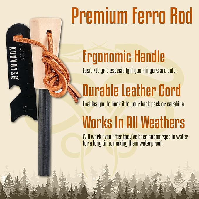 Fire Starter Survival Tool–Ferro Rod Fire Starter with 11" Waterproof Tinder Wick Rope, Multi-Tool Striker and Extra Jute Bag - All-in-One Flint and Steel Fire Starter Kit.
