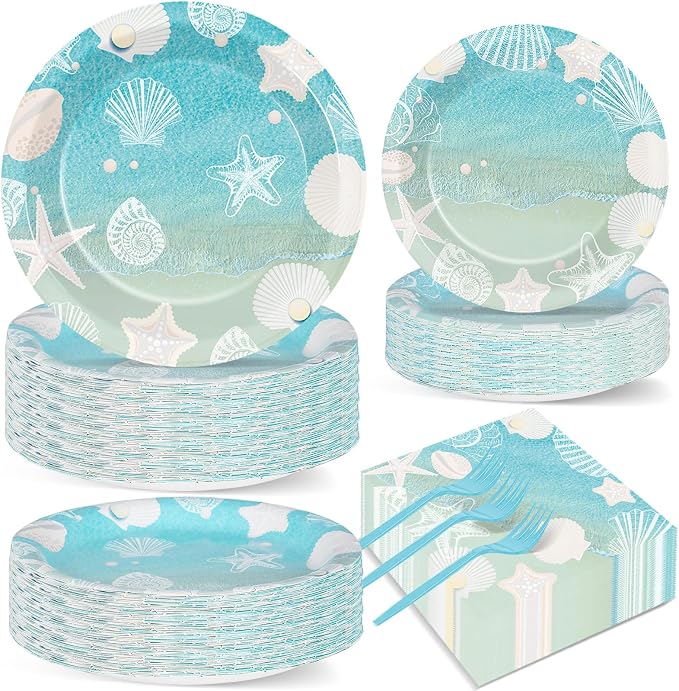 Seashell Beach Party Plates Napkin Fork Nautical Coastal Birthday Party by Naozinebi