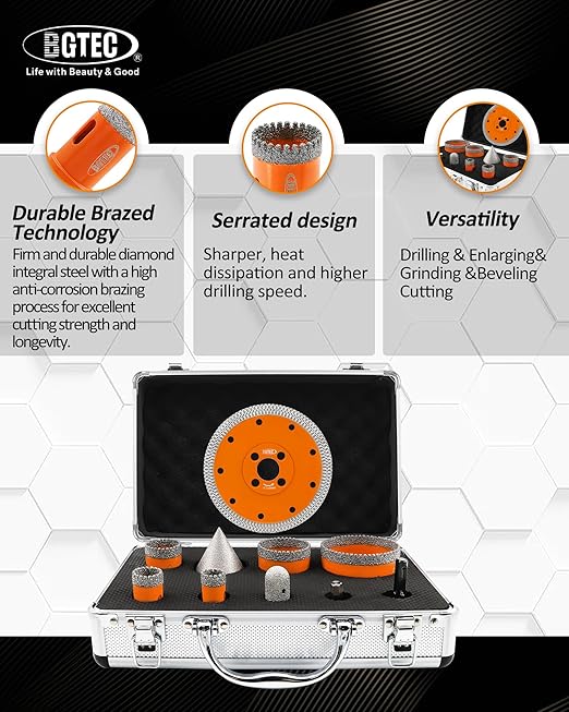 BGTEC Diamond Hole Saw Kit - 9PCS 20/25/35/50/75mm Drill Bits & 20mm Milling Finger Bit & 50mm Chamfering Bit & SDS/HEX & 125mm Tile Blade for Porcelain Tile Ceramic Granite Marble Stoneware