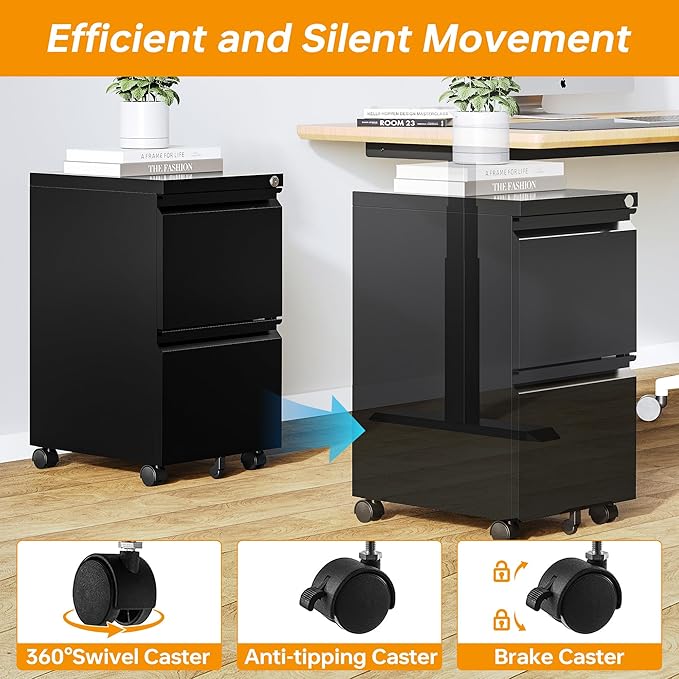 2 Drawer File Cabinet On Wheels Mobile Cabinet with Lock Under Desk Metal Filing Cabinet On Rollers Small Rolling File Cabinet Black Printer Stand for Home Office Fully Assembled