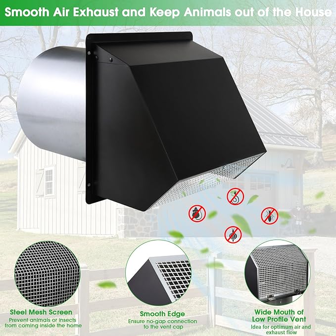 6 Inch Wall Vent Exhaust Vent Dryer Vent Cover Outside, 6" Hooded Wall Vent with Screen and Damper for Kitchen Range Hood Exterior Wall Vent Cover Cap Hood Vent Dryer Air Vent,Galvanized Steel,Black