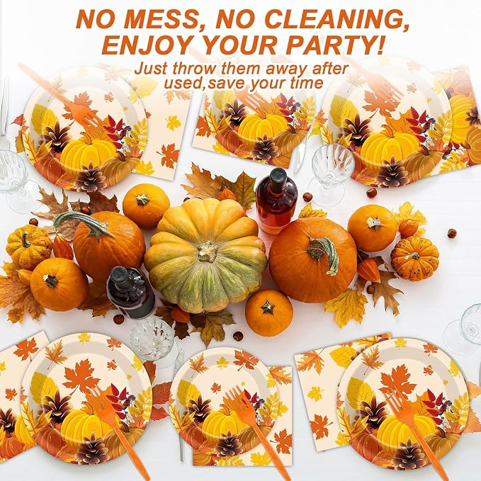 50 Guests Thanksgiving Fall Plates and Napkins Party Supplies Autumn Leaves - Image 5