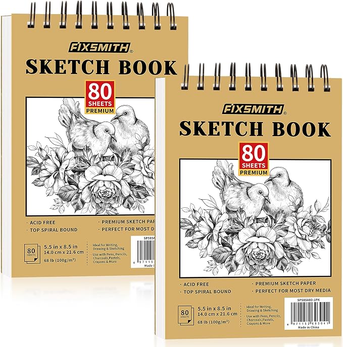FIXSMITH 5.5"X8.5" Sketch Book | 160 Sheets | 2 Pack Sketchbooks | Top Spiral by FIXSMITH
