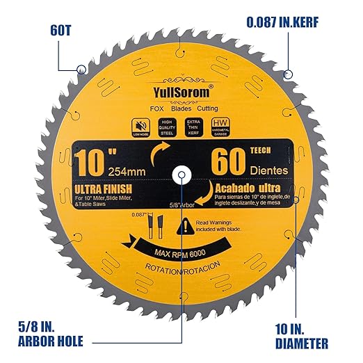 10 Inch Thin Kerf Fine Finish Crosscut Table Saw Blades, 60-Tooth ATB TCT Fine Finish Wood Cutting Circular Saw Blade with 5/8 Inch Arbor