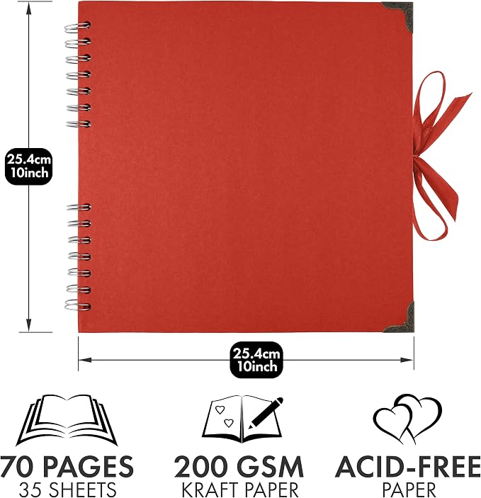 Bstorify 10 x 10 Inches Scrapbook Album 70 Pages Red Thick Kraft Paper Corner - Image 2