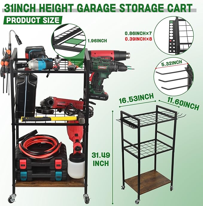 ULIBERMAGNET Power Tool Storage Organizer Cart, Metal Open Tool Rack Cart with Wheels,Heavy Duty Rolling Utility Storage Drill Rack Shelf for Garage, Shed, Yard Tool Holder, Basement,Gift Ideas
