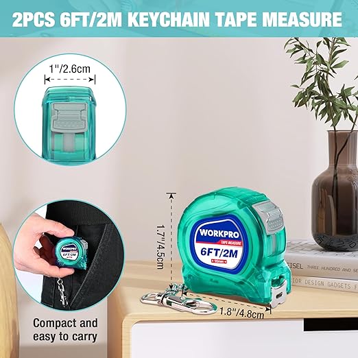 WORKPRO Mini Tape Measure, 2 Pcs 6FT Retractable Easy Reading Keychain Tape Measurement, Inch/Metric Scale Pocket Size Small Tape Measure for Engineer, Portable, ABS Protective Casing, Green