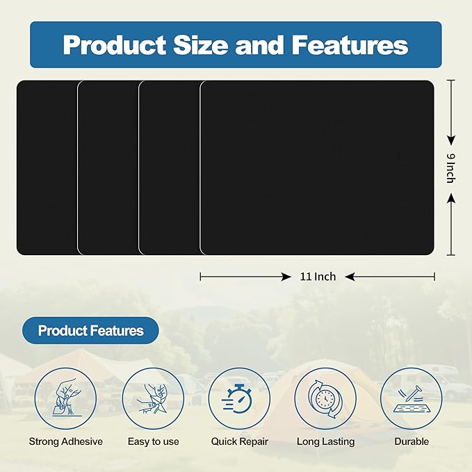 KING MOUNTAIN Self Adhesive Nylon Fabric Repair Patch, 9×11 Inches 4 Pcs, Quick Down Jacket Repair Patch, Waterproof Outdoor Gear Patch Kit for Tent,Backpacks,Umbrella, Gloves, Sleeping Bag (Black